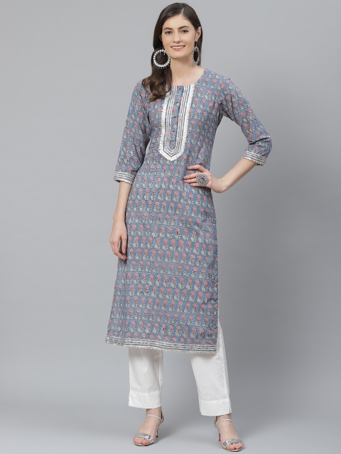 

maaisarah Women Blue & Coral Pure Cotton Printed Straight Kurta