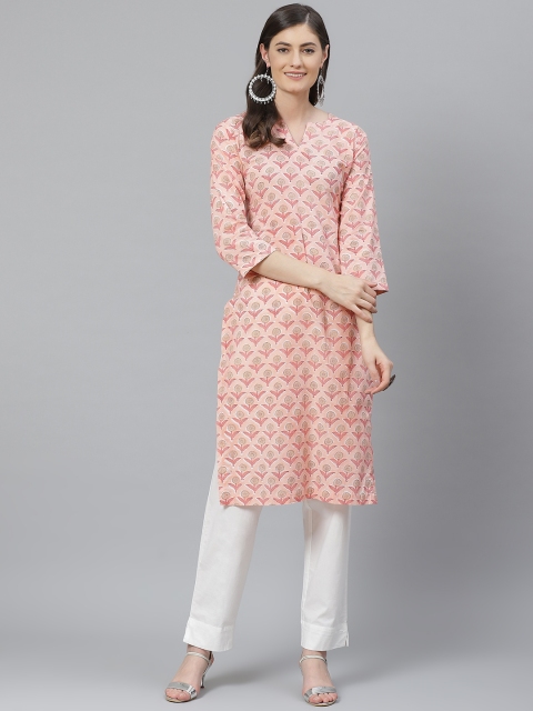 

maaisarah Women Peach-Coloured & Beige Pure Cotton Printed Handloom Kurta
