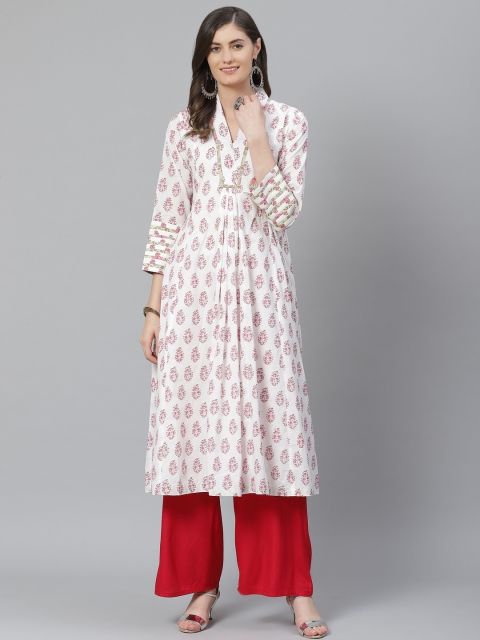 

maaisarah Women White & Pink Pure Cotton Printed Handloom Kurta