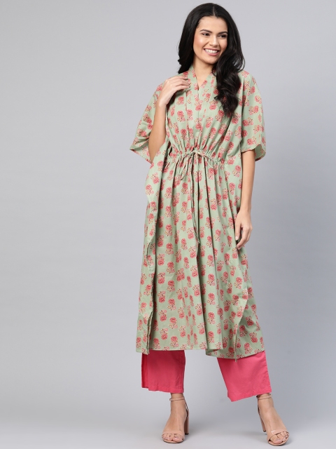 

maaisarah Women Green & Maroon Pure Cotton Printed Handloom Kaftan Kurta