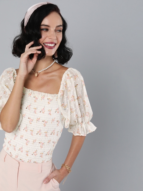 

Magre Beige Floral Printed Puff Sleeves Smocked Georgette Fitted Top