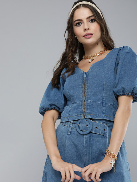 

Magre Women Blue Solid Puff Sleeves Chambray Corset Regular Crop Top