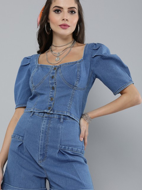 

Magre Blue Puff Sleeves Indigo Pure Cotton Denim Regular Crop Top