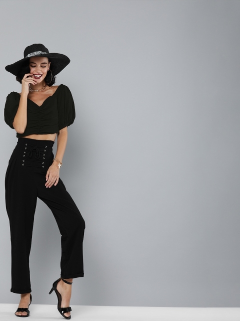 

Magre Women Black Solid Puff Sleeves Gathered Bralette Crop Top