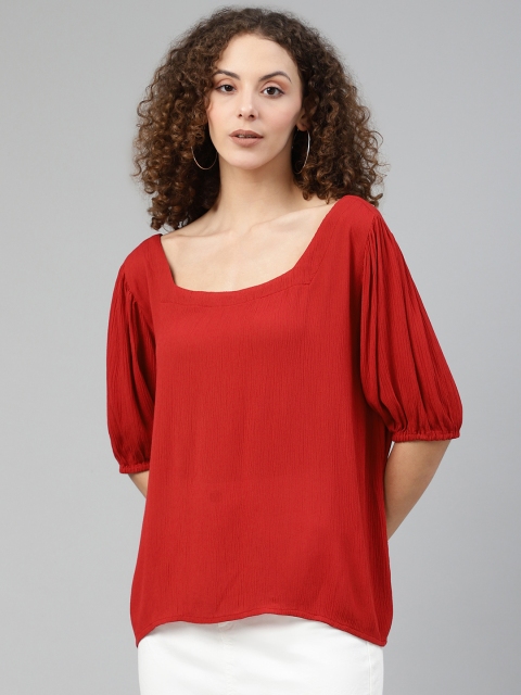 

Femella Women Red Solid Puff Sleeves Top