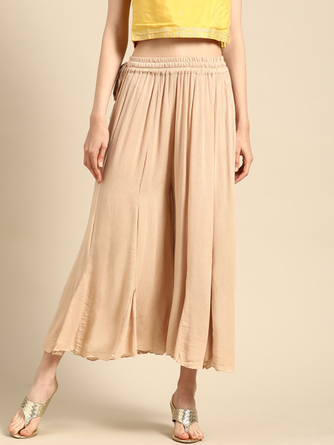 

TAG 7 Women Beige Solid Crinkled Wide Leg Palazzos