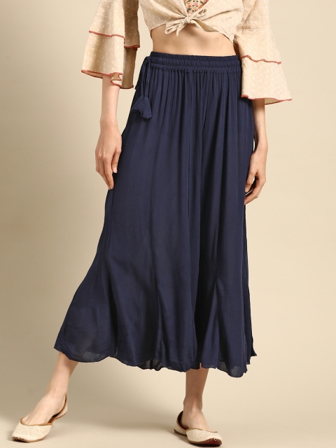 

TAG 7 Women Navy Blue Solid Crinkled Cropped Flared Palazzos