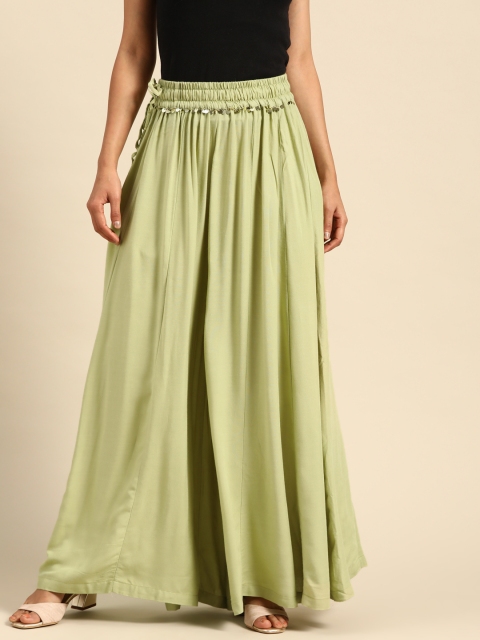 

TAG 7 Women Green Solid Flared Palazzos