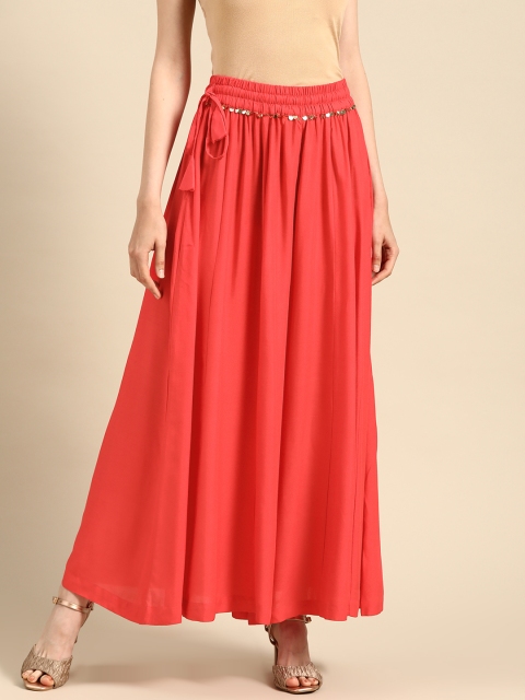 

TAG 7 Women Coral Pink Solid Flared Palazzos