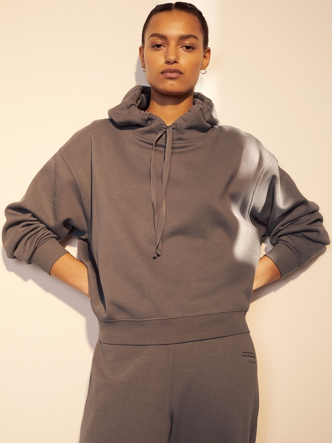 

H&M Women Beige Solid Boxy Cotton-blend Sustainable Hoodie