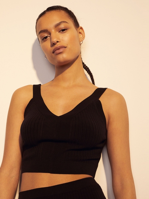 

H&M Women Black Solid Rib Knit Cropped Top