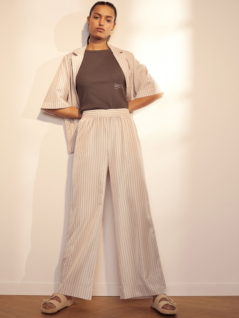 

H&M Women Beige & Black Striped Wide Trousers