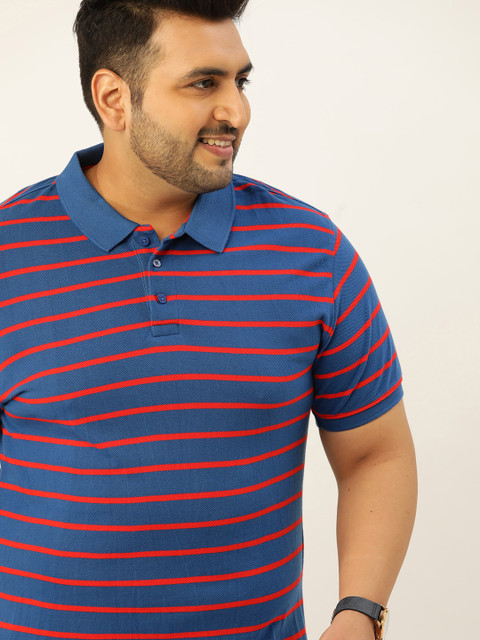 

Sztori Men Plus Size Navy Blue & Red Pure Cotton Striped Polo Collar T-shirt