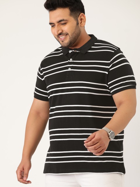 

Sztori Men Plus Size Black White Pure Cotton Striped Polo Collar Monochrome Pure Cotton T-shirt