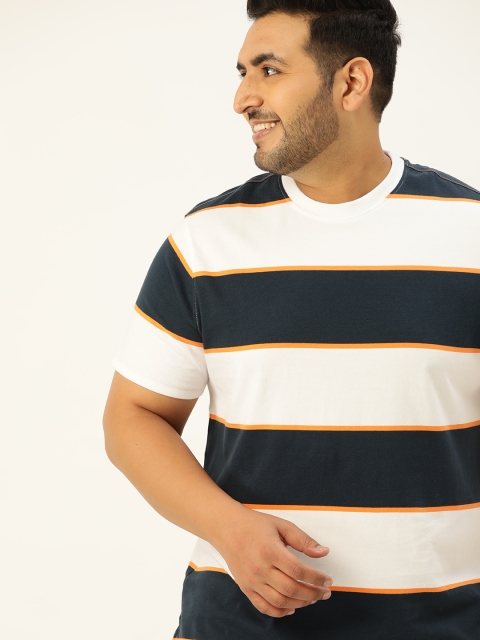 

Sztori Men Plus Size White & Green Pure Cotton Striped T-shirt