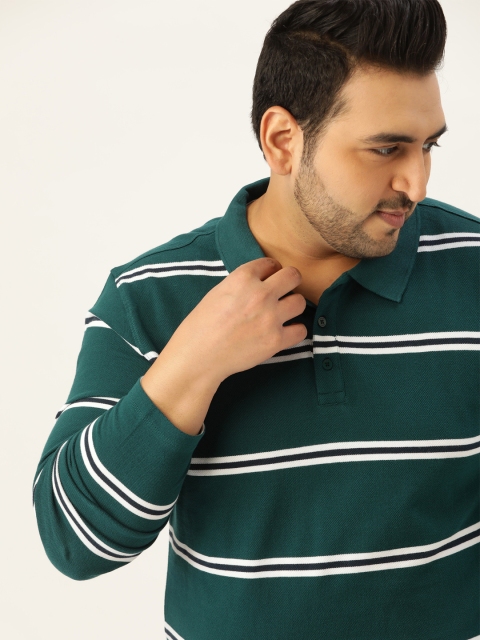 

Sztori Men Plus Size Green & White Cotton Striped Polo Collar T-shirt