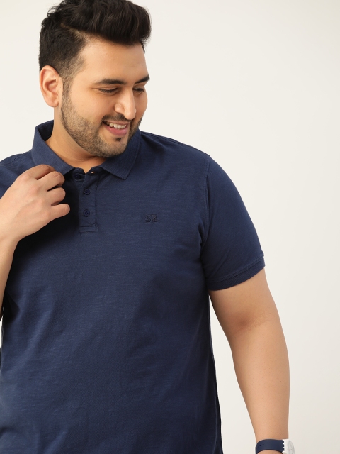 

Sztori Men Plus Size Navy Blue Solid Polo Collar Pure Cotton T-shirt