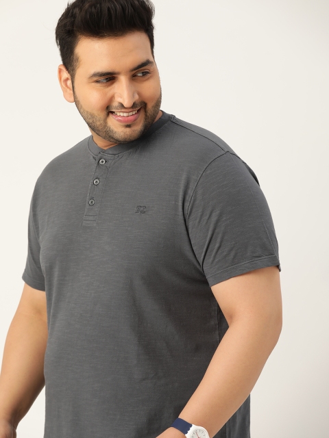 

Sztori Men Plus Size Charcoal Grey Solid Henley Neck Pure Cotton T-shirt