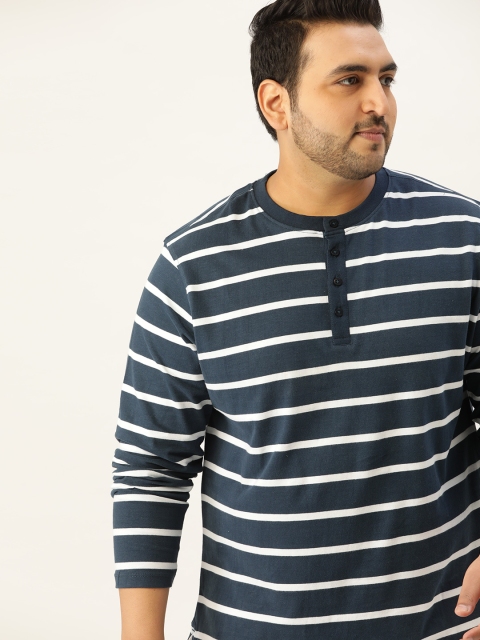 

Sztori Men Plus Size Navy Blue & White Cotton Striped Henley Neck T-shirt