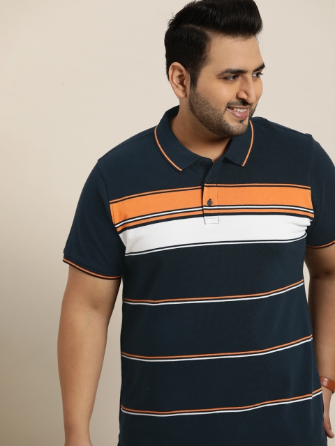 

Sztori Men Plus Size Navy Blue & Coral Striped Polo Collar Pure Cotton T-shirt