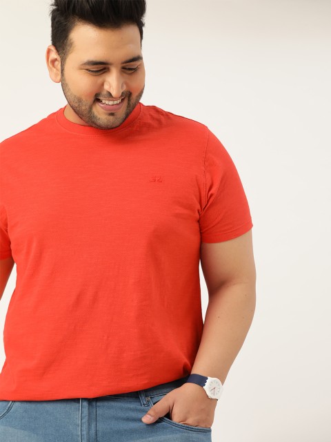 

Sztori Men Plus Size Coral Red Solid Pure Cotton Round Neck T-shirt
