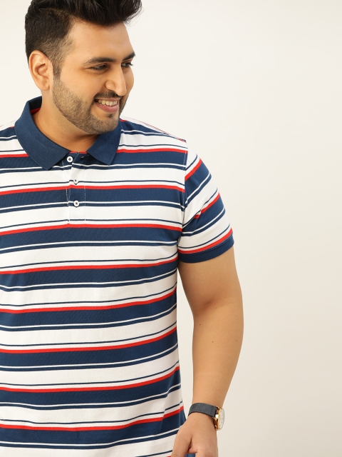 

Sztori Plus Size Men White & Navy Blue Striped Cotton Polo Collar T-shirt