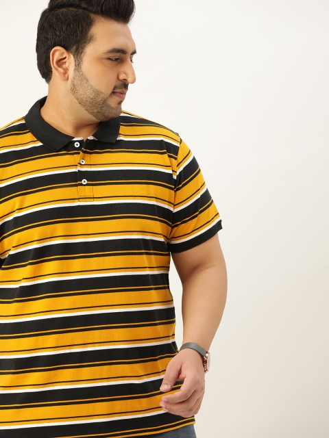

Sztori Plus Size Men Mustard Yellow & Black Plus Size Cotton Striped Polo Collar T-shirt