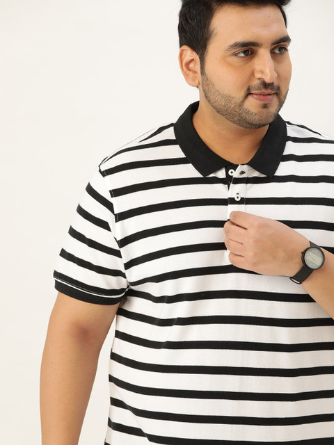 

Sztori Men Plus Size Black White Striped Pure Cotton Polo Collar Pure Cotton T-shirt