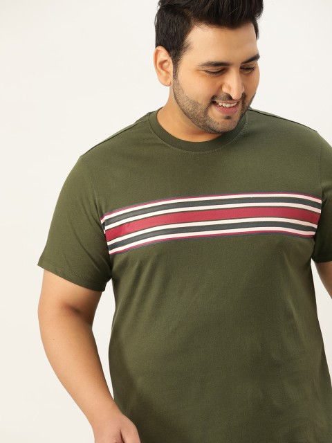 

Sztori Men Olive Green Plus Size Cotton Striped T-shirt
