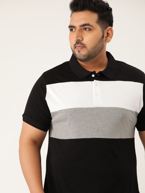 

Sztori Men Plus Size Black & White Pure Cotton Colourblocked Polo Collar T-shirt