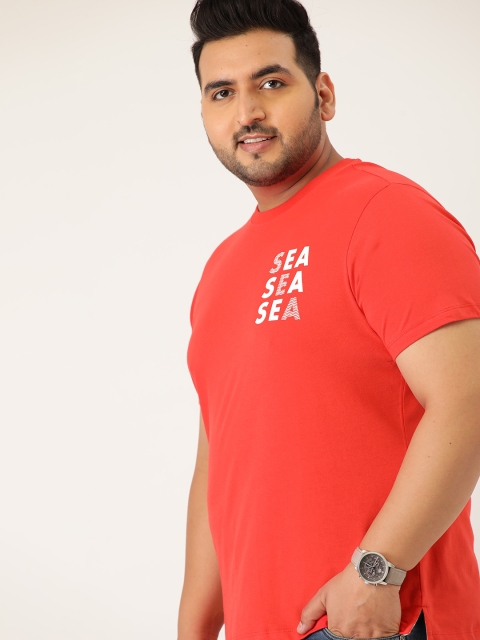 

Sztori Men Plus Size Pure Cotton Peached Finish Coral Red & White Typography Print T-shirt