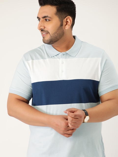 

Sztori Men Plus Size Blue & White Pure Cotton Colourblocked Polo Collar T-shirt