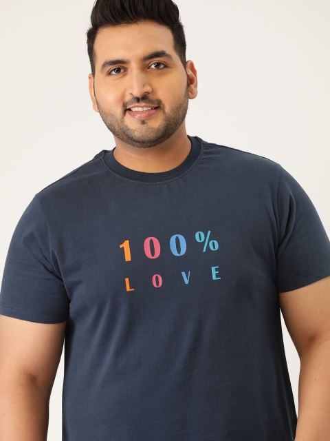 

Sztori Men Plus Size Pure Cotton Peached Finish Navy Blue Typography Printed T-shirt