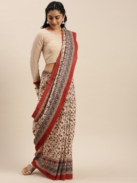 

Shaily Cream-Coloured & Rust Red Pure Cotton Printed Saree