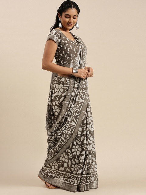 

Shaily Grey & White Linen Blend Printed Bagru Saree