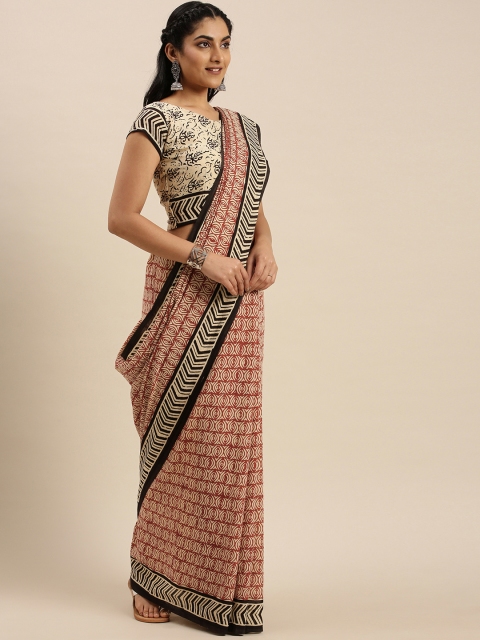 

Shaily Rust Red & Off-White Pure Cotton Printed Dabu Saree