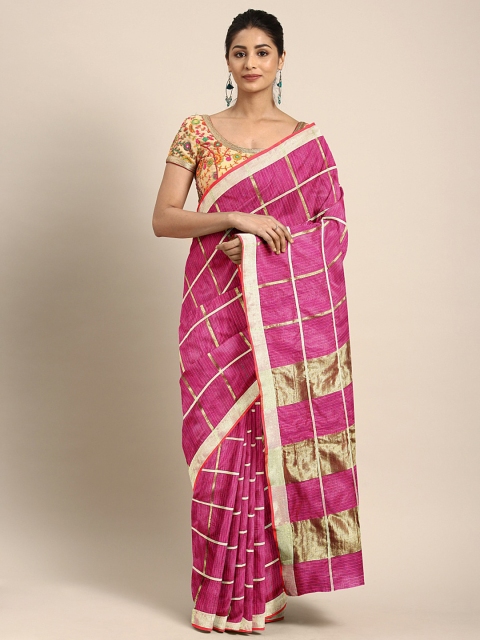 

KALINI Pink & Gold-Toned Jute Cotton Checked Saree