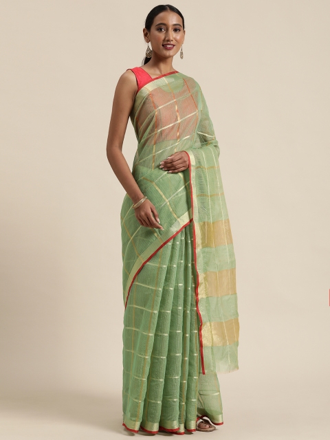 

Mitera Green & Golden Jute Cotton Checked Saree