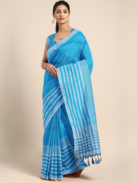 

KALINI Blue & Silver-Toned Pure Cotton Striped Saree