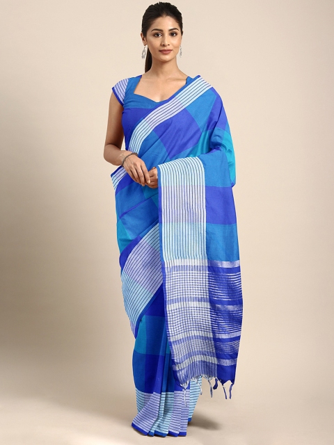 

Mitera Blue Checked Cotton Blend Saree