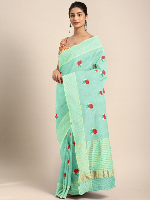 

Mitera Turquoise Blue & Red Embroidered Celebrity Saree