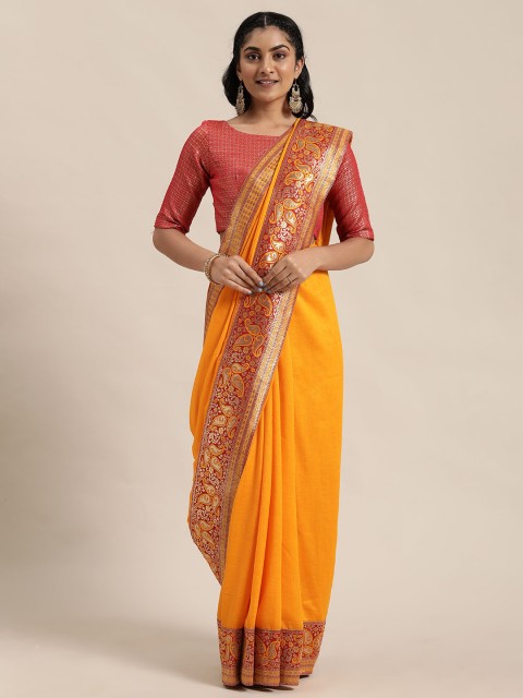 

Shaily Yellow Solid Brocade Lace Saree