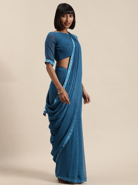 

Shaily Teal Blue Printed Poly Georgette Saree