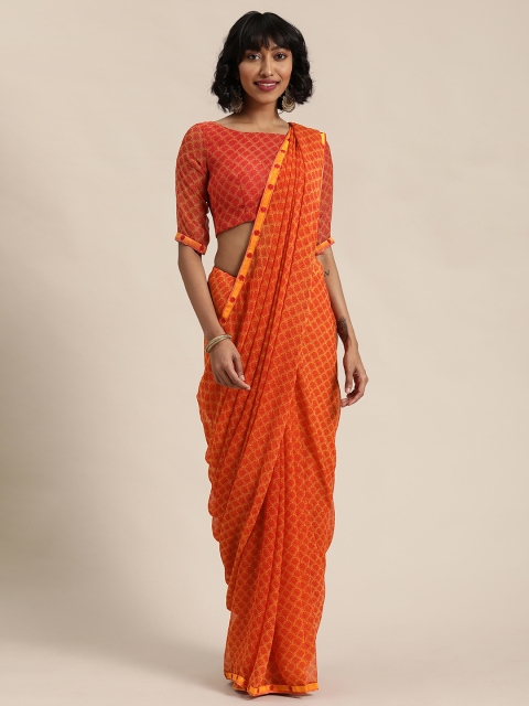 

Shaily Coral Red & Mustard Yellow Poly Georgette Printed Saree