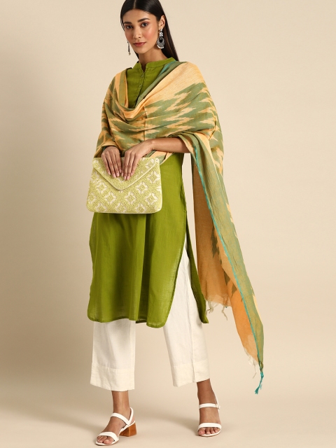 

Shaily Peach-Coloured & Green Printed Dupatta