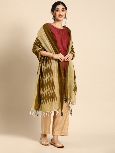 

Shaily Beige & Olive Green Ikat Printed Dupatta