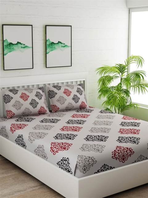 

Salona Bichona Grey & Red Ethnic Motifs 144 TC Cotton 1 Queen Bedsheet with 2 Pillow Covers