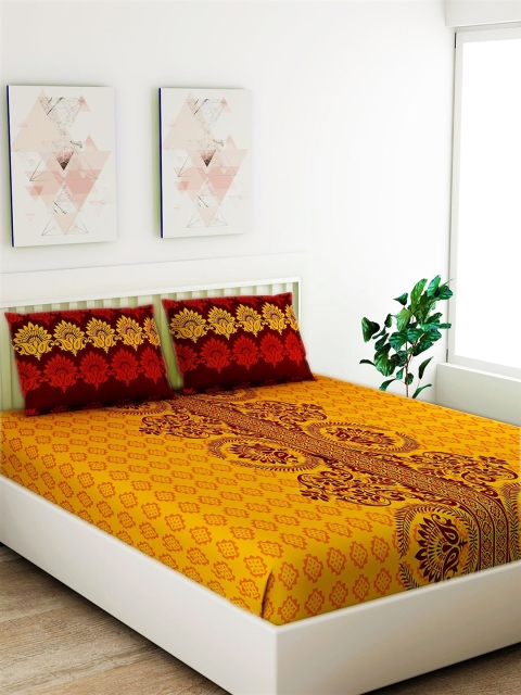 

Salona Bichona Yellow & Maroon Ethnic Motifs 120 TC Cotton 1 Queen Bedsheet with 2 Pillow Covers