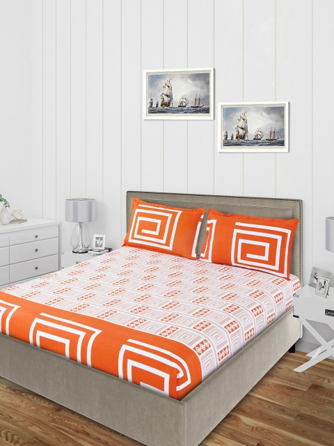 

Salona Bichona Orange & White Abstract 144 TC Cotton 1 Queen Bedsheet with 2 Pillow Covers