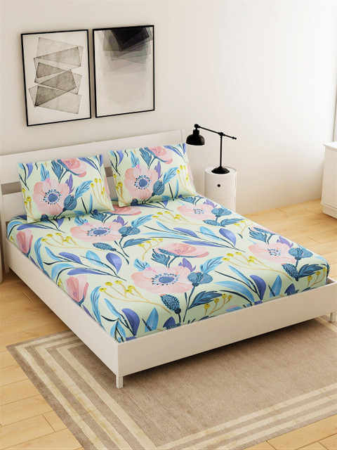 

Salona Bichona Multicoloured Floral 144 TC Polyester 1 Queen Bedsheet with 2 Pillow Covers, Multi